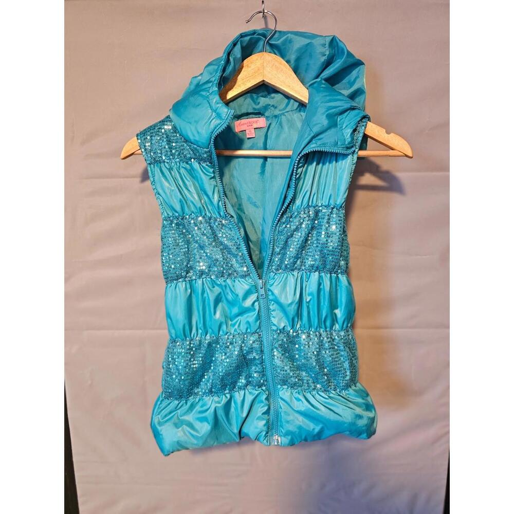 Girls Heartsoul Blue Puffer Vest Sequin Panels Hooded XL Youth